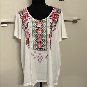 Vibrant Floral Embroidered White Tee
